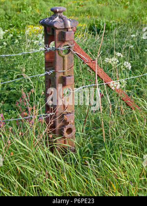 Un vieux fer rouillé Fencepost dans un champ près de Carmyllie Angus, Scotland. Banque D'Images