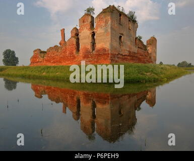 Ruines du château médiéval pittoresque entouré par l'eau, de belles réflexions sur l'eau, tôt le matin, la lumière, l'exposition à long Banque D'Images