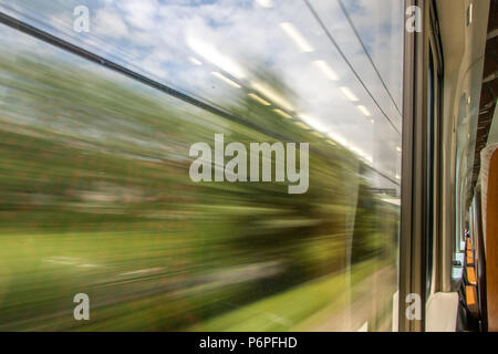 Vue de la fenêtre d'un train. La nature verte est en marche derrière les fenêtres d'un train de voyageur Banque D'Images