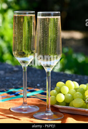 Vertical image de deux verres de cava dans la zone touristique d'Andalousie avec des raisins sur le côté et de vignes en arrière-plan Banque D'Images