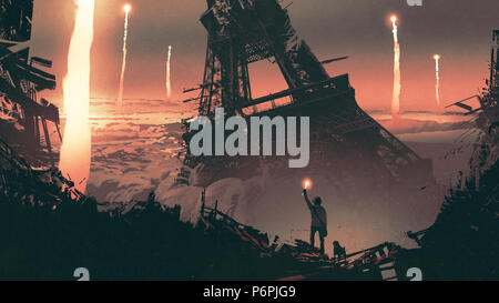 Paysage post-apocalyptique montrant un homme et un chien debout sur les ruines de la ville, style art numérique, illustration peinture Banque D'Images