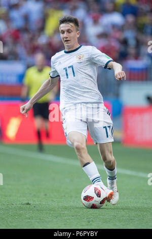 Moscou, Russie. 1er juillet 2018. Alexandre GOLOVINE (RUS) avec ballon, simple action avec ball, action, plein la figure, portrait, Espagne (ESP) - Russie (RUS) 3 : 4 iE, ronde de 16, 51, Jeu sur 01.07.2018 à Moscou ; Coupe du Monde de Football 2018 en Russie à partir de la 14.06. - 15.07.2018. Utilisation dans le monde entier | Credit : dpa/Alamy Live News Banque D'Images