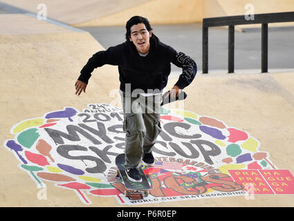 Prague, République tchèque. 1er juillet 2018. Daisuke Ikeda (Japon) participe à la Mystique Sk8 Cup 2018 Coupe du Monde de la planche à roulettes (WCS) à Prague, République tchèque, le 1 juillet 2018. Photo : CTK/Vondrous Romain Photo/Alamy Live News Banque D'Images