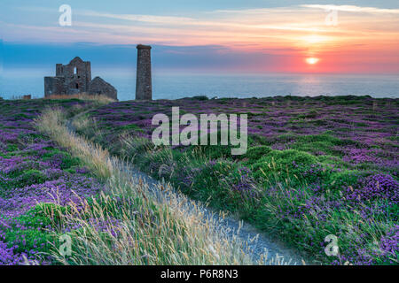 Papule Coates, Cornwall. 2 juillet, 2018. UK - après une autre journée chaude et humide le nuage élevé les pauses pour donner un spectaculaire coucher de soleil sur la bruyère et l'ajonc à papule Coates, au coeur de la 'Poldark" comté de Cornouailles du Nord. Credit : Terry Mathews/Alamy Live News Banque D'Images