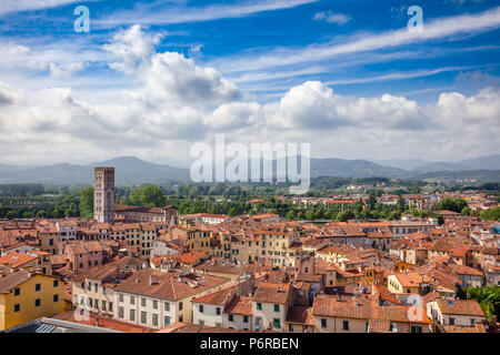 Vue aérienne de la vieille ville de Lucques avec toit en terre cuite de la Méditerranée sur les bâtiments des rues étroites, Toscane, Italie Banque D'Images