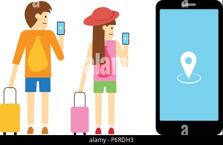 Garçon et fille traveller utiliser mobile app, vector art design Illustration de Vecteur