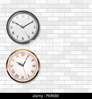 Horloge murale antique Gold Quartz ronde et Horloge murale analogique sur mur en brique blanche. L'espace vide pour votre texte. Vector Art. Illustration de Vecteur