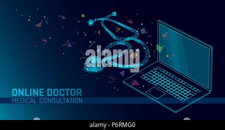 Docteur en médecine en ligne app applications mobiles. Diagnostic médecine santé numérique bannière concept. Les droits de l'ordinateur portable stéthoscope contrôle géométrique poly faible innovation, technologie vector illustration Illustration de Vecteur