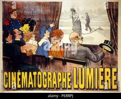 Cinematographe lumière l'affiche annonçant les frères Lumière cinematographe montrant le célèbre L'humour, 1895 1895 arrosé de Melies Banque D'Images