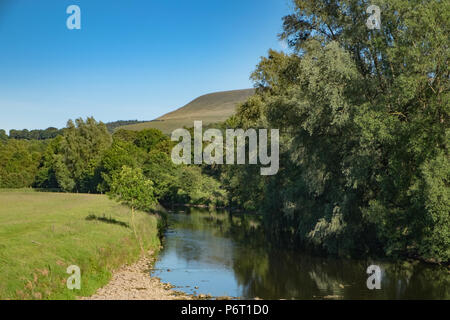 Près de la rivière Ribble Chatburn Pendle Hill avec en arrière-plan. Banque D'Images