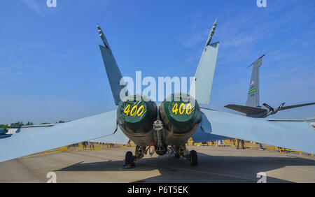 Singapour - Feb 10, 2018. Boeing FA-18E Super Hornet de l'United States Air Force (USAF) sur l'affichage à Changi, Singapour. Banque D'Images