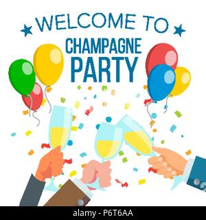 Champagnes party de bureau vecteur. Bouteille de champagne, confettis Explosion. La main avec lunettes. Illustration isolé Illustration de Vecteur