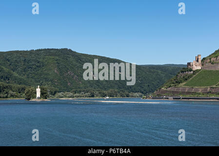 Vue panoramique sur le Rhin à l'mauseturm et château d'Ehrenfels, Allemagne Banque D'Images