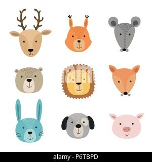 Vector illustration de visages d'animaux dont des cerfs, l'écureuil, le lièvre, le lion, le cochon, le renard, la souris, le chien, l'ours Illustration de Vecteur