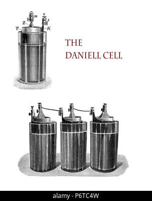 L'électricité et les applications de laboratoire : Daniell cellule électrochimique inventé par John Frederic Daniell est une amélioration de la pile voltaïque pour fournir un courant électrique continu à un circuit, vintage illustration Banque D'Images