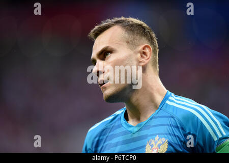 Moscou, Russie - 1 juillet 2018. Gardien de l'équipe nationale de football russe Igor Akinfeev au cours de tirs dans FIFA World Cup 2018 ronde de 16 matc Banque D'Images