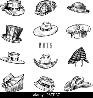 Summer vintage chapeaux collection pour hommes élégant,femme, femme et chers. Homburg Deerstalker Derby Fedora Paille Melon Beret Cowboy Capitaine Porkpie Boater. Mode rétro set. Style anglais. Hand drawn Illustration de Vecteur