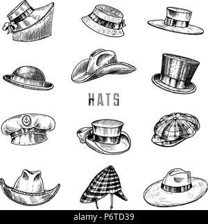 Summer vintage chapeaux collection pour hommes élégant,femme, femme et chers. Homburg Deerstalker Derby Fedora Paille Melon Beret Cowboy Capitaine Porkpie Boater. Mode rétro set. Style anglais. Hand drawn Illustration de Vecteur