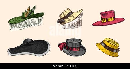 Summer vintage chapeaux collection pour hommes élégant,femme, femme et chers. Homburg Deerstalker Derby Fedora Paille Melon Beret Cowboy Capitaine Porkpie Boater. Mode rétro set. Style anglais. Hand drawn Illustration de Vecteur