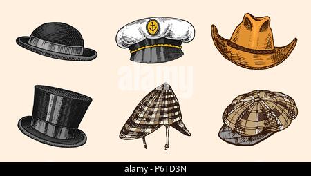 Summer vintage chapeaux collection pour hommes élégant,femme, femme et chers. Homburg Deerstalker Derby Fedora Paille Melon Beret Cowboy Capitaine Porkpie Boater. Mode rétro set. Style anglais. Hand drawn Illustration de Vecteur