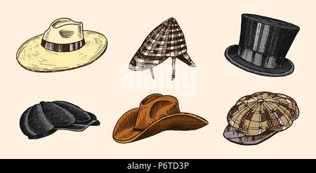 Summer vintage chapeaux collection pour hommes élégant,femme, femme et chers. Homburg Deerstalker Derby Fedora Paille Melon Beret Cowboy Capitaine Porkpie Boater. Mode rétro set. Style anglais. Hand drawn Illustration de Vecteur