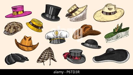 Summer vintage chapeaux collection pour hommes élégant,femme, femme et chers. Homburg Deerstalker Derby Fedora Paille Melon Beret Cowboy Capitaine Porkpie Boater. Mode rétro set. Style anglais. Hand drawn Illustration de Vecteur