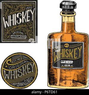 Whiskey américain Vintage badge. Les étiquette avec éléments calligraphiques. Croquis dessinés à la main, gravé lettrage pour t-shirt. Cadre classique pour bouteilles poster bannière. Illustration de Vecteur