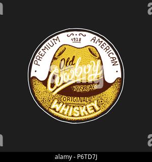 Whisky Vintage label badge avec vignoble. Logo de l'alcool avec élément calligraphique. Cadre pour bannière de l'affiche. Autocollant emblème gravé à la main lettrage pour t-shirt. Illustration de Vecteur