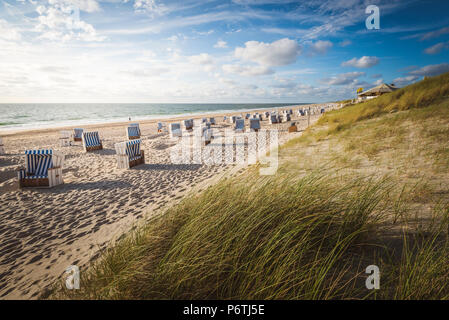 Kampen, l'île de Sylt, Frise du Nord, Schleswig-Holstein, Allemagne. Strandkorbs sur la plage. Banque D'Images