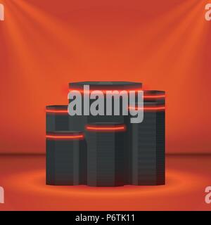 Noir scène podium avec des lignes et l'éclairage au néon Illustration de Vecteur