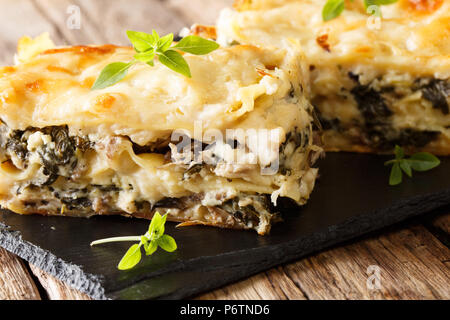 Lasagne italienne avec du poulet, des champignons sauvages, mozzarella et parmesan et sauce béchamel close-up sur une plaque en ardoise horizontale. Banque D'Images