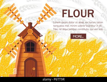 Ancien moulin à vent traditionnel. Moulin en bois les épis de blé d'or. Silhouette d'argent les épis de blé sur l'arrière-plan. Vector illustration avec place pour le texte. Bakery Illustration de Vecteur