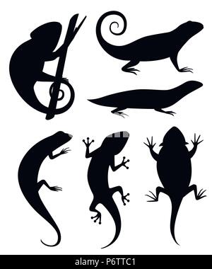 Silhouette noire. Caméléon Cartoon grimper sur branche. De petits lézards. Télévision animaux icon collection. Vector illustration isolé sur fond blanc. Illustration de Vecteur