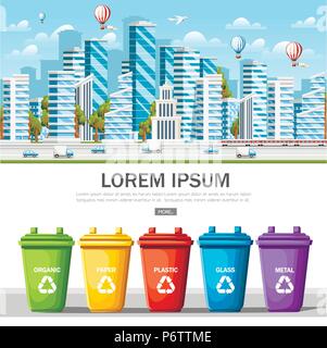 De nombreuses poubelles de tri avec les ordures. Le tri des déchets. Écologie et recyclage de concept. Ville propre et moderne. L'éco conception de site web ou la publicité. Illustration de Vecteur