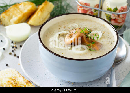 Soupe de purée de champignons avec des croûtons dans un bol sur un léger fond d'ardoise. Menu de régime. Le concept d'une saine alimentation. Banque D'Images
