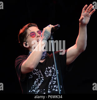 Milwaukee, Wisconsin, États-Unis. 30 Juin, 2018. Chanteur auteur-compositeur Logan Henderson réalise vivre chez Henry Maier Festival Park lors Summerfest à Milwaukee, Wisconsin. Ricky Bassman/Cal Sport Media/Alamy Live News Banque D'Images