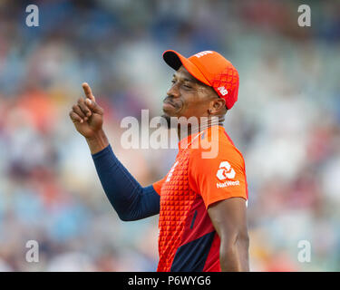 Manchester, UK. 3 JUILLET 2018 , Unis Old Trafford, Manchester, Angleterre, 1C20, C20, Vitalité l'Angleterre v l'Inde ; Chris Jordan de l'Angleterre : Crédit News Images /Alamy Live News Banque D'Images