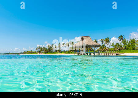 Playa Blanca, Punta Cana, République dominicaine, la mer des Caraïbes. Hutte de chaume sur la plage. Banque D'Images