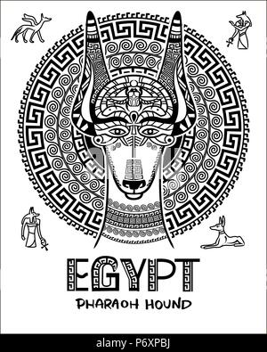 Image vectorielle d'un chien égyptien. L'ornement de l'Égypte ancienne. Dieu Anubis, l'Ankh et le chien Pharaon. Illustration de Vecteur