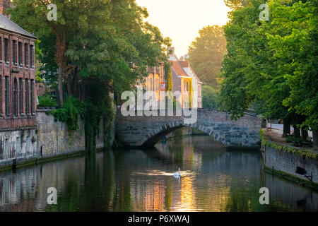 Belgique, Flandre occidentale (Vlaanderen), Bruges (Brugge). Brugse Vrije et bâtiments le long du canal Groenerei au crépuscule. Banque D'Images