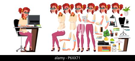 Office Worker vecteur. Femme. Création d'animation défini. Générateur de vie. L'agent professionnel, Greffier. Avant, Côté, Vue de dos. Femme d'affaires. Face dame d'émotions. Illustration isolé Illustration de Vecteur