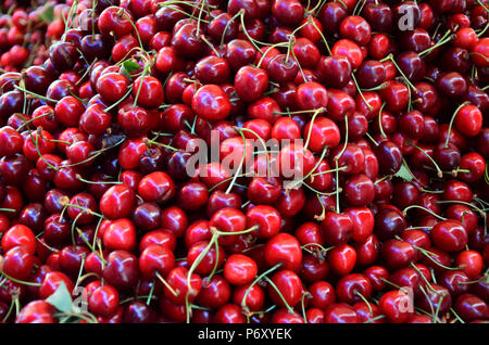 Un tas de baies de cerises au marché. Une grande collection de produits frais Fruits rouges cerise. Bonne récolte, des vitamines, des aliments sains Banque D'Images