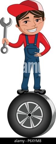 Mécanicien Cartoon holding spanner et le comité permanent sur le pneu de voiture Illustration de Vecteur