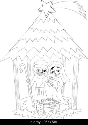 Crèche de Noël avec Joseph et Marie portant Jésus nouveau-né de dormir dans une cabane isolée à colorier Illustration de Vecteur