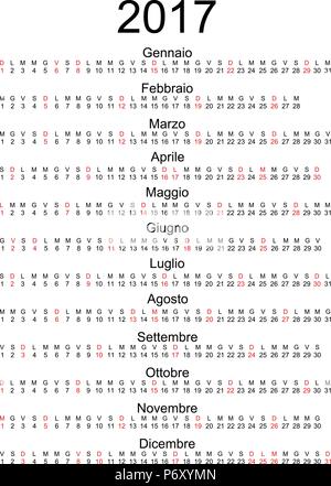 Calendrier 2017 avec jours fériés italien officiel marqué et des mois dans une ligne isolée Illustration de Vecteur