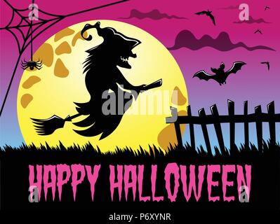 Happy Halloween avec fond silhouette de Sorcière volante contre big pleine lune Illustration de Vecteur