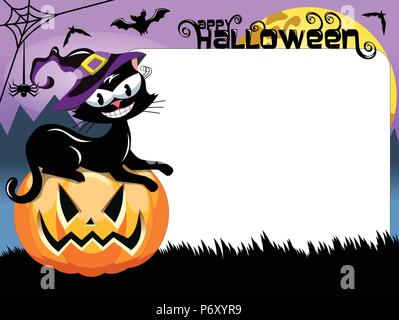 Halloween chat noir assis sur la citrouille et cadre blanc vide Illustration de Vecteur