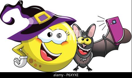 Cartoon lune portant chapeau de sorcière et bat en tenant isolé selfies Illustration de Vecteur