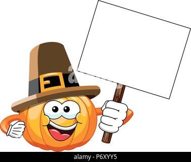 Pilgrim Cartoon pumpkin holding blank banner isolated Illustration de Vecteur