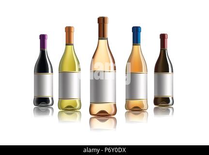 Bouteille de vin rouge. Ensemble de blanc, rose, rouge et des bouteilles de vin. isolé sur fond blanc. Illustration de Vecteur